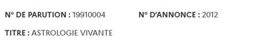 Publicit&eacute; de la d&eacute;nomination ASTROLOGIE VIVANTE